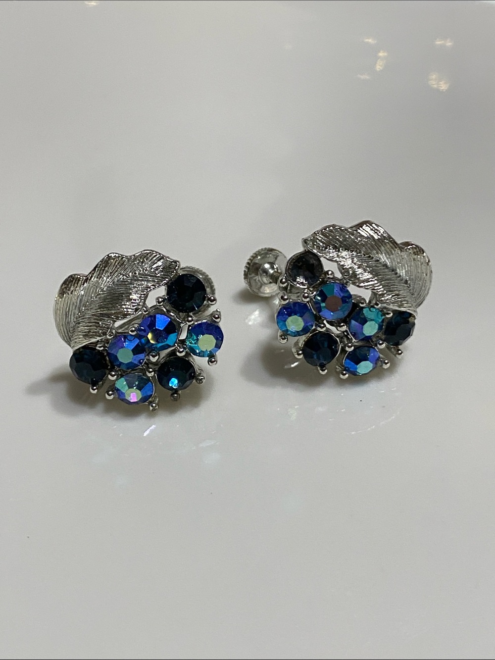 Silver Leaf Stud Earrings with Blue Aurora Crystal Cluster